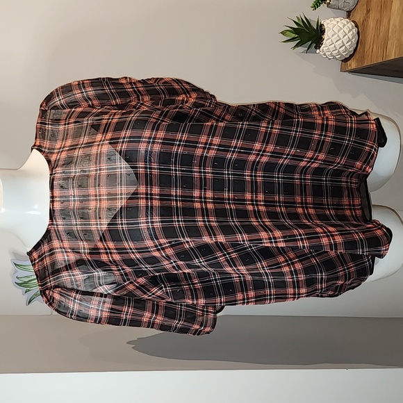 Torrid - Chiffon Lurex Ruched Sleeve Blouse in Plaid Red & Black - Picture 3 of 14